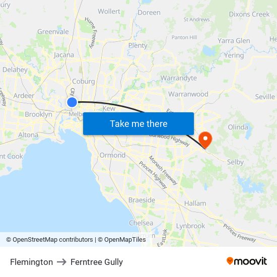 Flemington to Ferntree Gully map