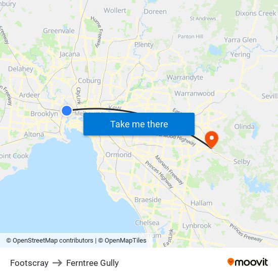 Footscray to Ferntree Gully map