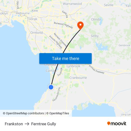 Frankston to Ferntree Gully map