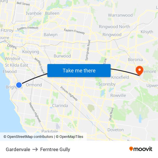 Gardenvale to Ferntree Gully map