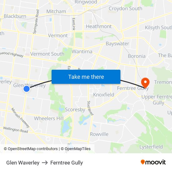 Glen Waverley to Ferntree Gully map