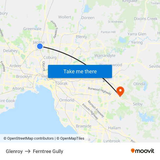 Glenroy to Ferntree Gully map