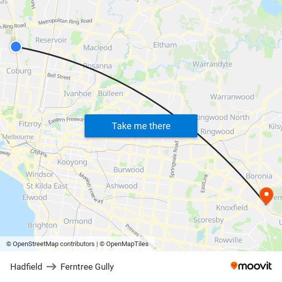 Hadfield to Ferntree Gully map