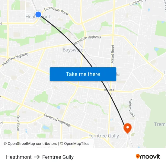 Heathmont to Ferntree Gully map