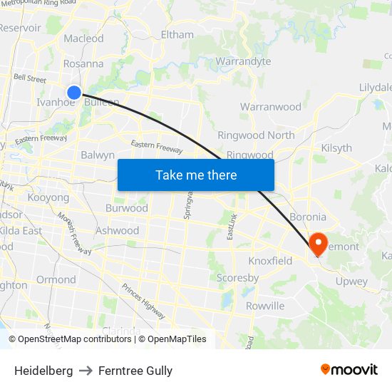 Heidelberg to Ferntree Gully map