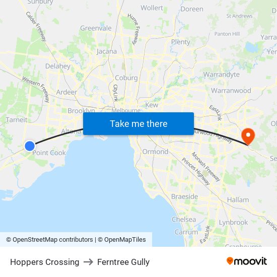 Hoppers Crossing to Ferntree Gully map