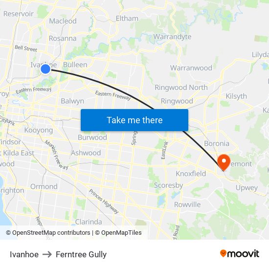 Ivanhoe to Ferntree Gully map