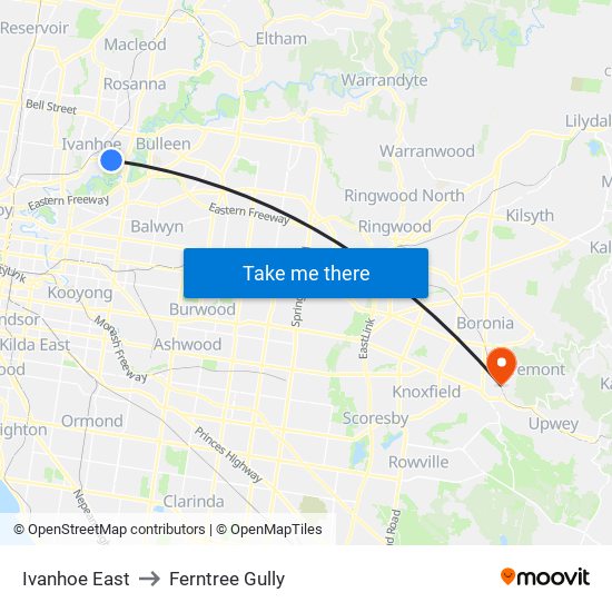 Ivanhoe East to Ferntree Gully map