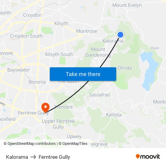 Kalorama to Ferntree Gully map