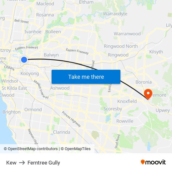 Kew to Ferntree Gully map