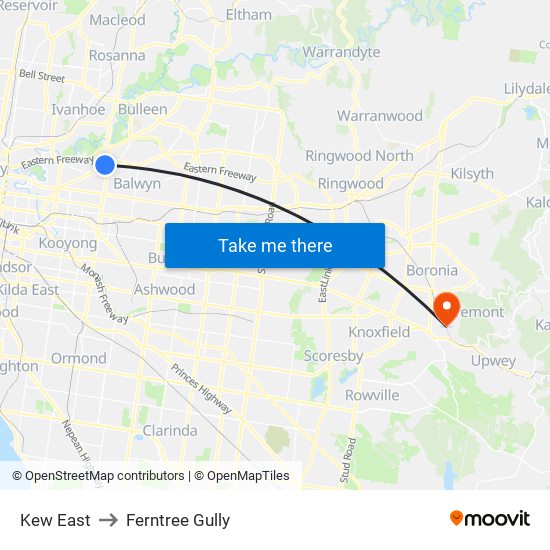 Kew East to Ferntree Gully map