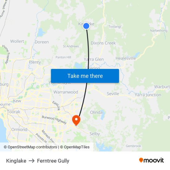 Kinglake to Ferntree Gully map