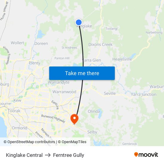 Kinglake Central to Ferntree Gully map