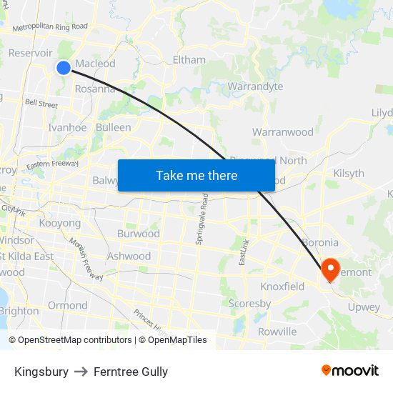 Kingsbury to Ferntree Gully map