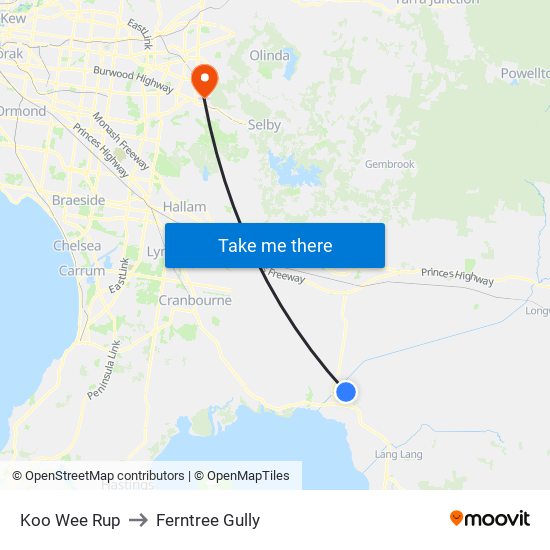 Koo Wee Rup to Ferntree Gully map