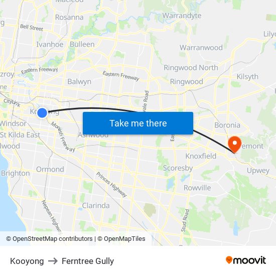 Kooyong to Ferntree Gully map