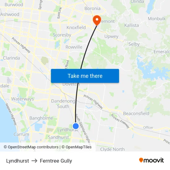 Lyndhurst to Ferntree Gully map