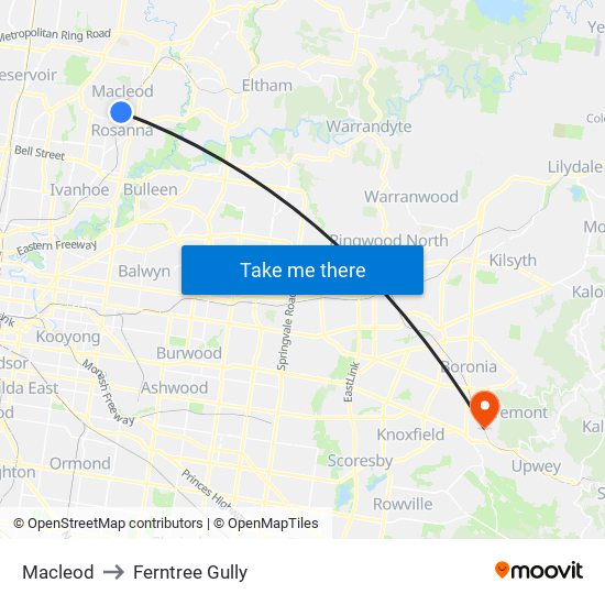 Macleod to Ferntree Gully map