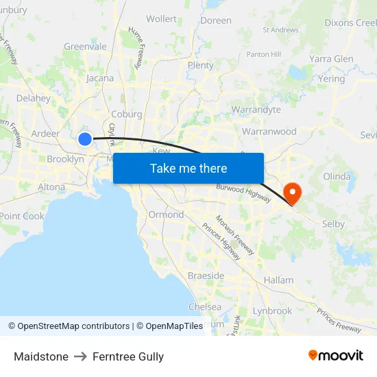 Maidstone to Ferntree Gully map