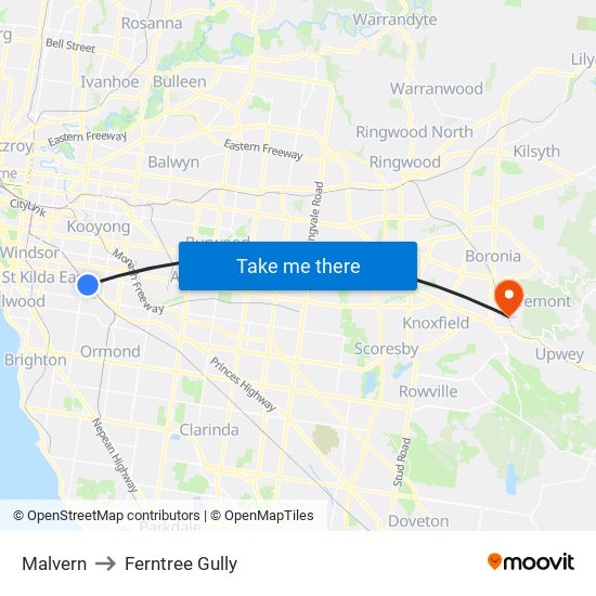 Malvern to Ferntree Gully map