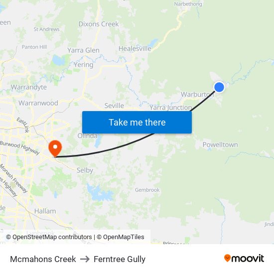 Mcmahons Creek to Ferntree Gully map