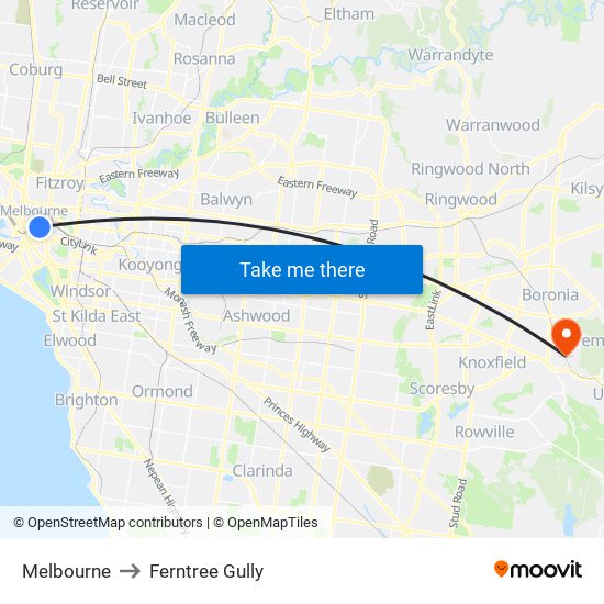 Melbourne to Ferntree Gully map