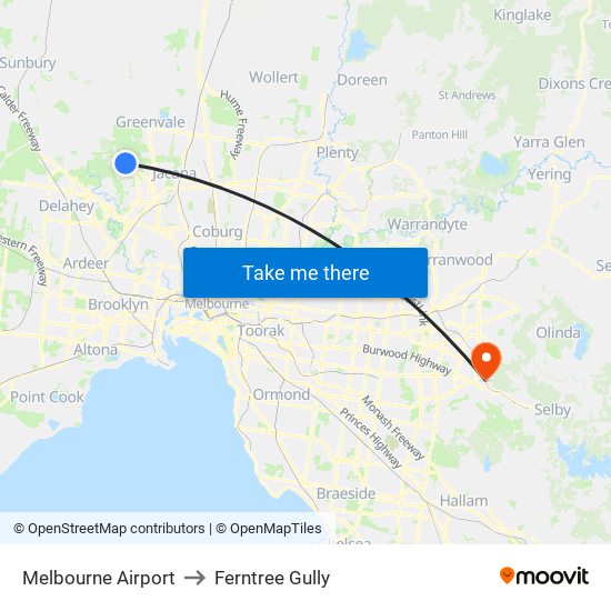 Melbourne Airport to Ferntree Gully map