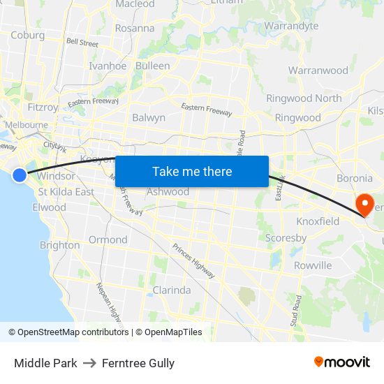 Middle Park to Ferntree Gully map