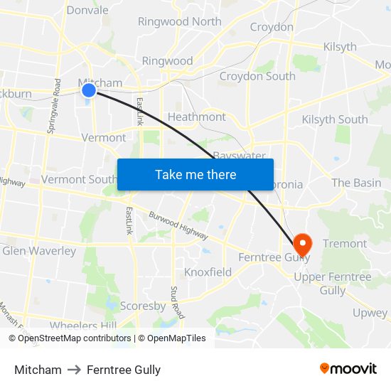 Mitcham to Ferntree Gully map