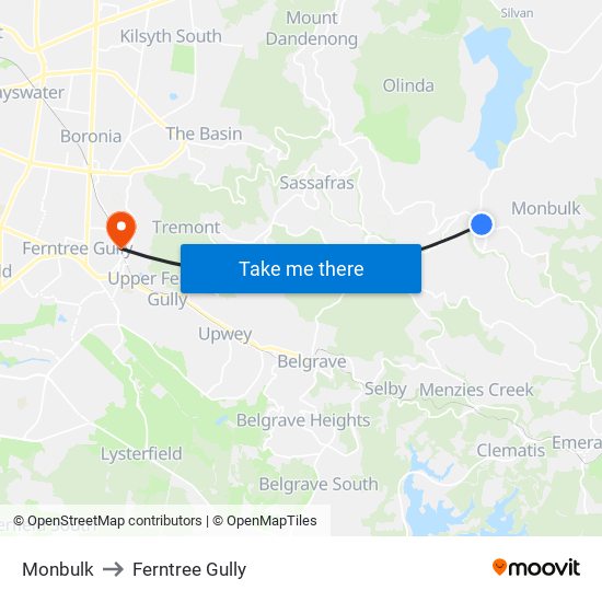 Monbulk to Ferntree Gully map