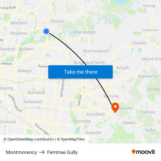 Montmorency to Ferntree Gully map