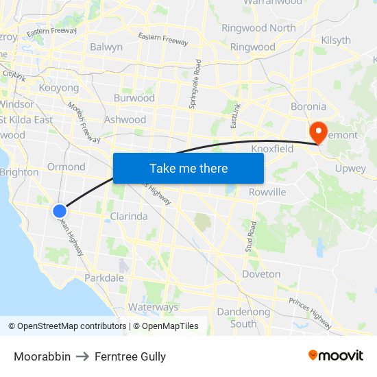 Moorabbin to Ferntree Gully map