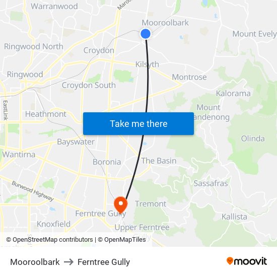 Mooroolbark to Ferntree Gully map