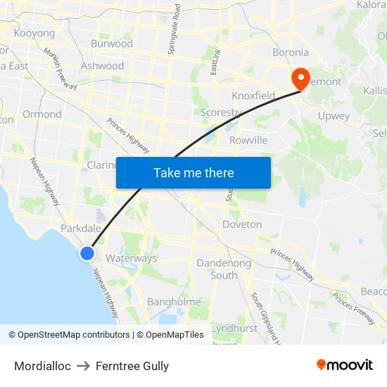 Mordialloc to Ferntree Gully map