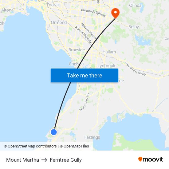 Mount Martha to Ferntree Gully map