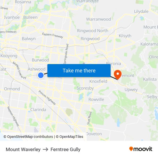 Mount Waverley to Ferntree Gully map