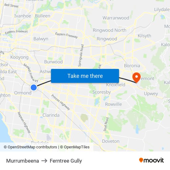 Murrumbeena to Ferntree Gully map