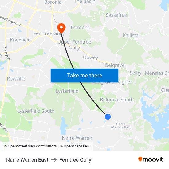 Narre Warren East to Ferntree Gully map