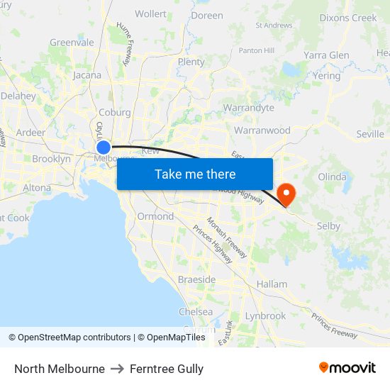 North Melbourne to Ferntree Gully map