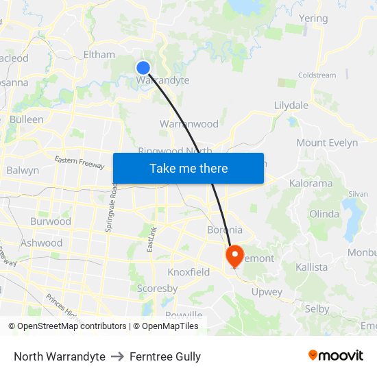 North Warrandyte to Ferntree Gully map