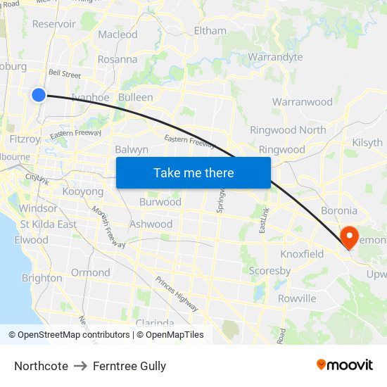 Northcote to Ferntree Gully map