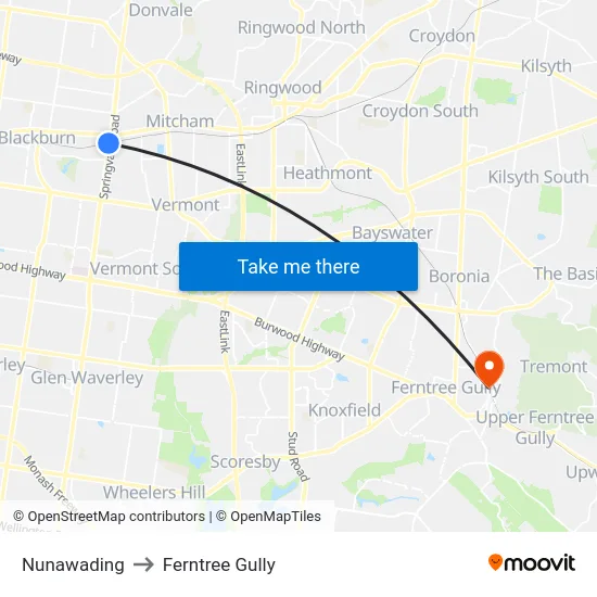 Nunawading to Ferntree Gully map