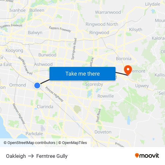 Oakleigh to Ferntree Gully map