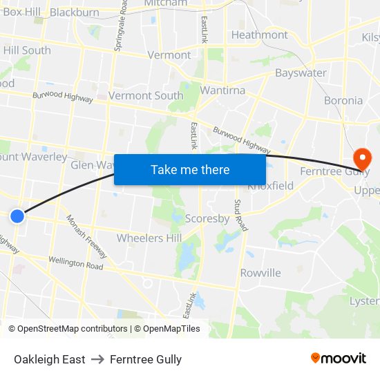 Oakleigh East to Ferntree Gully map