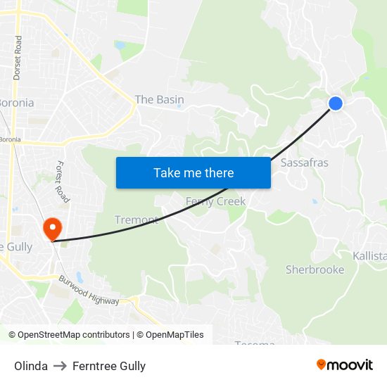 Olinda to Ferntree Gully map