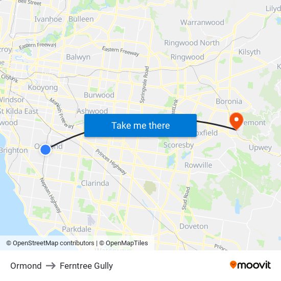 Ormond to Ferntree Gully map
