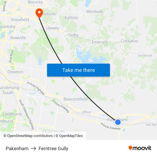 Pakenham to Ferntree Gully map