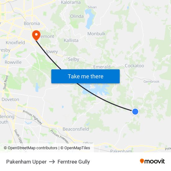 Pakenham Upper to Ferntree Gully map