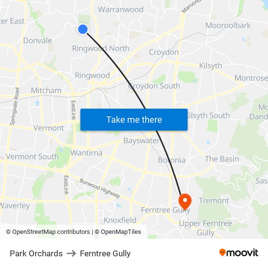 Park Orchards to Ferntree Gully map