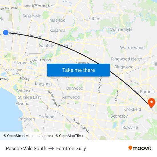 Pascoe Vale South to Ferntree Gully map